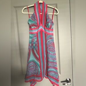 BCBGMaxazaria Bright Coral and Teal Halter Dress 0